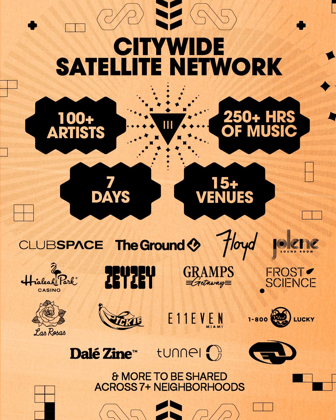 Citywide Satellite network: 100+ artists, 250+ hours of music, 7 days, 15+ venues, and more to be shared across 7+ neighborhoods.