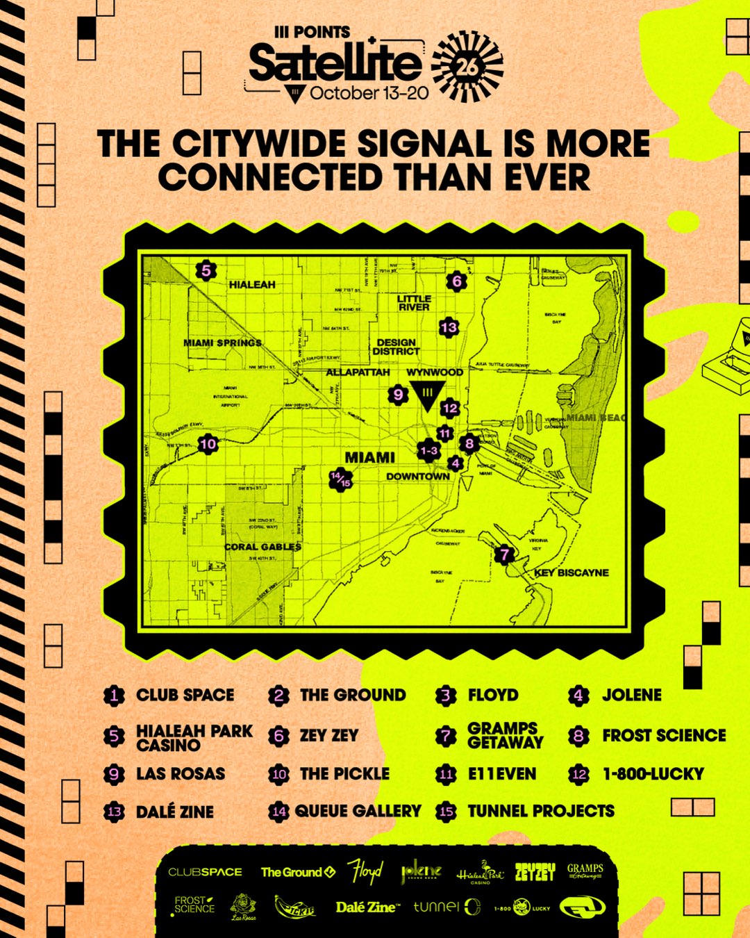 The citywide signal is more connected than ever: a map of Miami pinned with the fifteen Satellite 26 venues — Club Space, The Ground, Floyd, Jolene, Hialeah Park Casino, Zey Zey, Gramps Getaway, Frost Science, Las Rosas, The Pickle, E11EVEN, 1-800-LUCKY, Dalé Zine, Queue Gallery and Tunnel Projects.